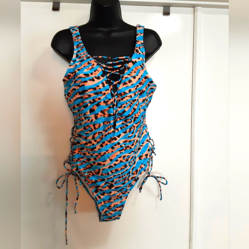 Turquoise and Animal Print One Piece Swim Suit